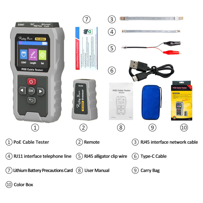 PoE Cable Tester, IEEE 802.3af/at/bt Compliant Network Tester with Port Flash Detection, Cable Length Meter, Continuity Test for CAT5 CAT6, 1500mAh Battery