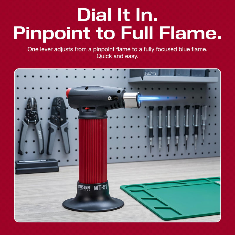 Master Appliance MT-51 Professional Butane Torch Lighter, Hand Held Torch Lighter, Adjustable Flame Mini Blow Torch, Refillable with Butane Fuel for Soldering, Electrical Connectors, Kitchen, Cooking Plastic Tank
