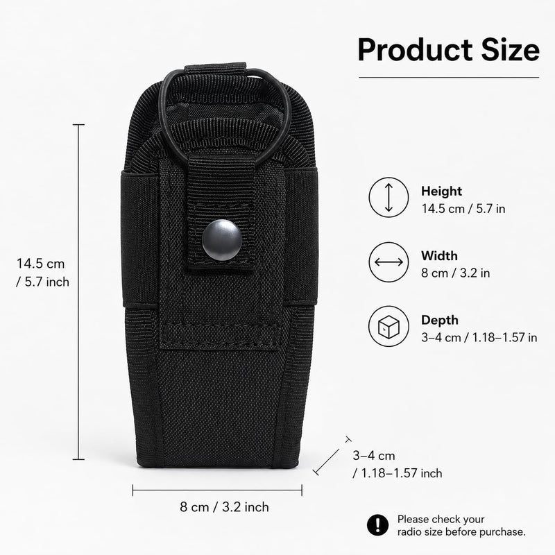 Walkie Talkie Radio Pouch, Black Two Way Radio Holder Case with Snap Button Strap and Elastic Cord, Compact Carry Pouch for Security Patrol, Warehouse, Outdoor Hiking, Event Staff