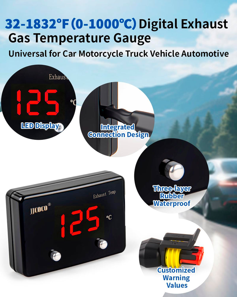 Exhaust Gas Temperature EGT Gauge 1000 ℃ Pyrometer Kit - LED Digital Display with EGT Sensor for Diesel Car Motorcycle ATV Red Celsius
