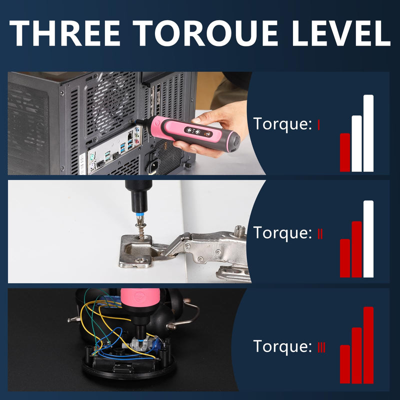 Electric Screwdriver Rechargeable, 4V Cordless Screwdriver, with 3 Gear Torque Adjustment and 26 Bits, Extension Rod, USB Charging Cable, Suitable for Furniture or Appliance Repair Pink