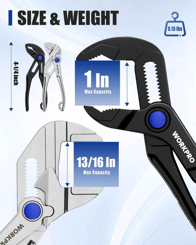 WORKPRO 2-Piece Mini Pliers Set with Pouch, 4-Inch Water Pump Plier & Plier Wrench, High-Toughness Alloy Steel Mini Groove Joint & Smooth Jaw Plier, EDC Pliers for Tight Spaces & Versatile Use