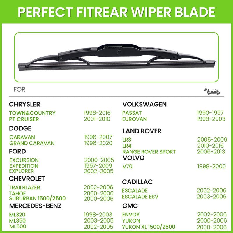 PARRATI® 16 Inch Rear Wiper Blade Replacement for 2002-2006 Escalade Envoy Yukon Tahoe Suburban 1500/1996-2020 Dodge Grand Caravan/1998-2000 Volvo V70,All-Season Windshield Wiper(16-T) 16''(T)-Rear Wiper