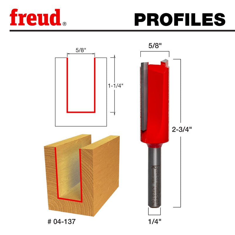 Freud 04-137: 5/8" (dia.) Double Flute Straight Bit with 1/4" shank, 2-3/4" overall length