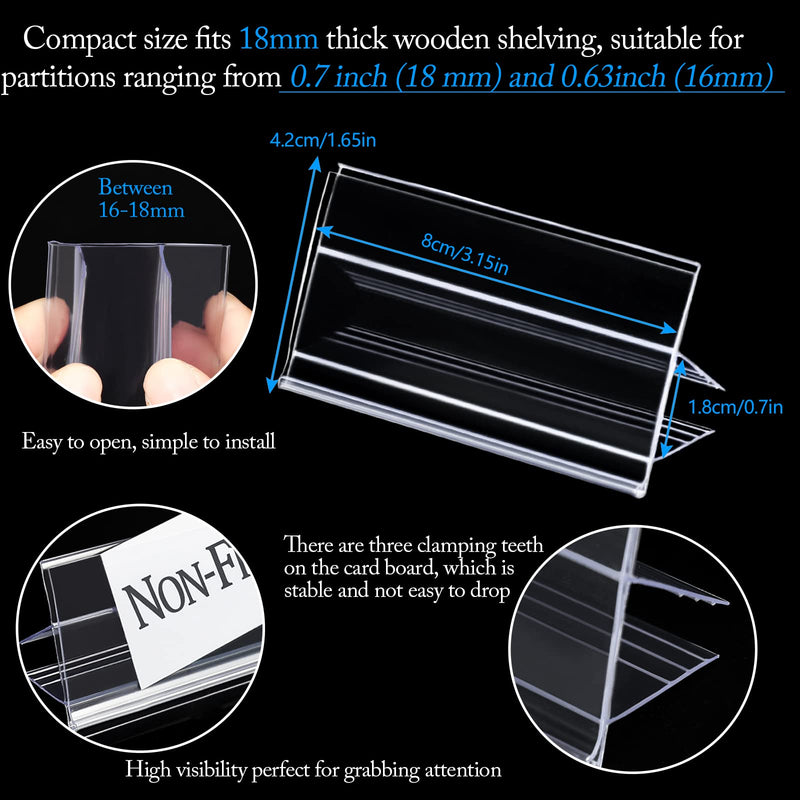 36pcs Wood Shelf Label Holder Plastic Price Tag Holder Supermarket Retail Sign PVC Clear Shelf Label Holder (Includes 50 Pieces Label Inserts) Perfect Fits 18 mm Wooden Shelving. 18mm thickness shelf (Suitable 16-18mm)