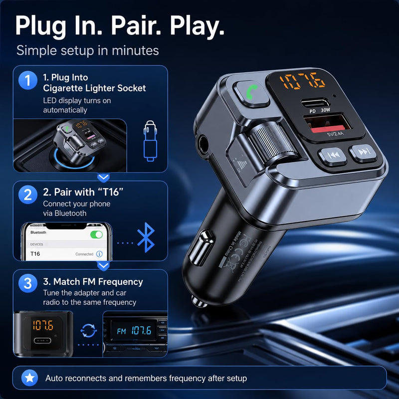 Bluetooth Transmitter Car Adapter, Cigarette Lighter Adapter | Car Charger USB & Type C PD 30W Fast Charging Wireless Music MP3 Player, Audio Receiver, AUX Output, Hands-Free Call