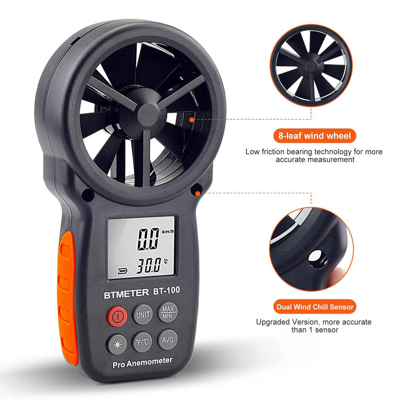  [AUSTRALIA] - BTMETER BT-100 Handheld Anemometer, Digital Wind Speed CFM Meter Gauge Air Flow Velocity Tester for HVAC Shooting Drone, Wind Chill, 14℉-113℉ Wind Temperature BT-100 Anemometer