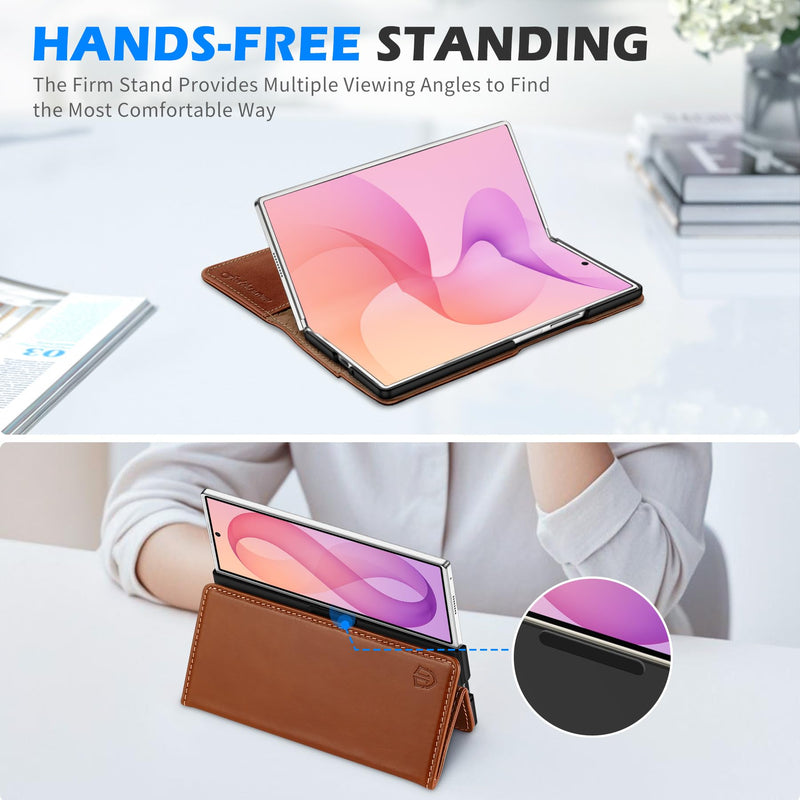 SHIELDON Genuine Leather Wallet Case for Galaxy Z Fold 8 Ultra, Retro Brown | Folio Magnetic Cover, RFID Blocking, Credit Card Holder, Kickstand, Fodable Design, Shockproof Protective Shell for Men Women