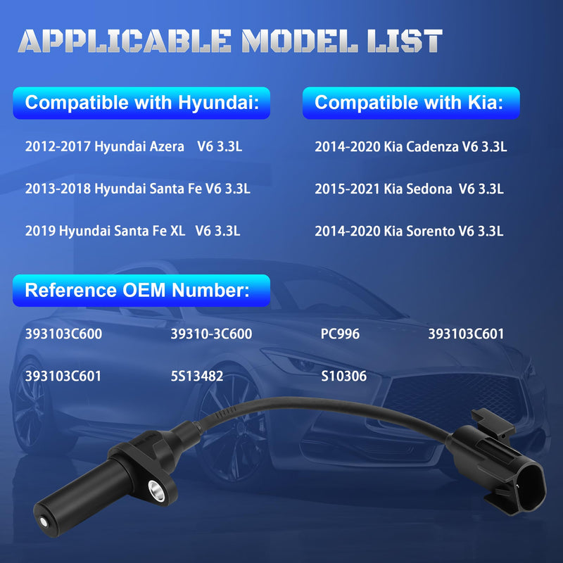 Engine Crankshaft Position Sensor 393103C600 Compatible with 2013-2018 Hyundai Santa Fe Azera & Kia Sorento Sedona 2014 2015 2016 2017 2018 2019 2020 V6 3.3L Replaces PC996, 39310-3C600