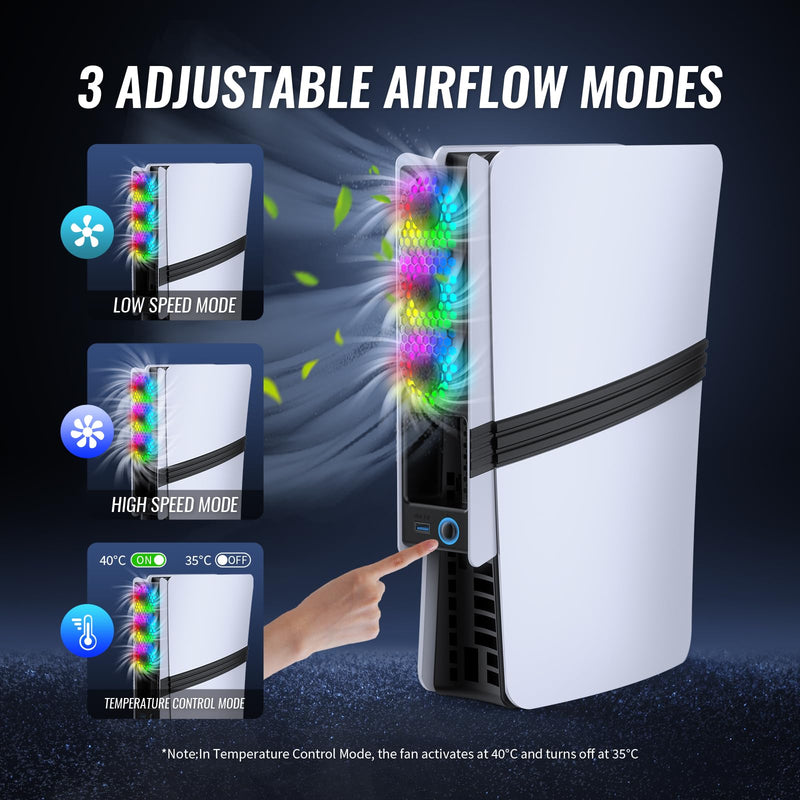 RGB Cooling Fan for PS5 Pro/PS5 Slim – Auto Temperature Control, 5 Lighting Modes, USB 3.0 Port,Compatible with Disc & Digital Edition (Black&White) Black