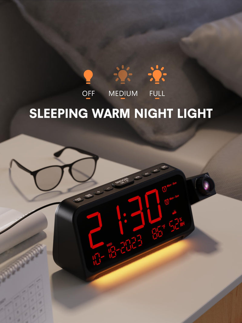 Projection Alarm Clock for Bedroom Ceiling, Digital Clock Projector with Weekday/Weekend Mode, Date, Temperature, Humidity, Type-C USB Charger, Night Light, Dual Alarms, DST, Dimmer,12/24H Red Digit+ Red Projection
