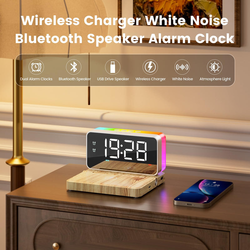 Bedroom Alarm Clock for Heavy Sleepers - 5 in 1 Magnetic 10W Wireless Charger with White Noise Bluetooth Speaker RGB Light Dual Alarm (Woodgrain)