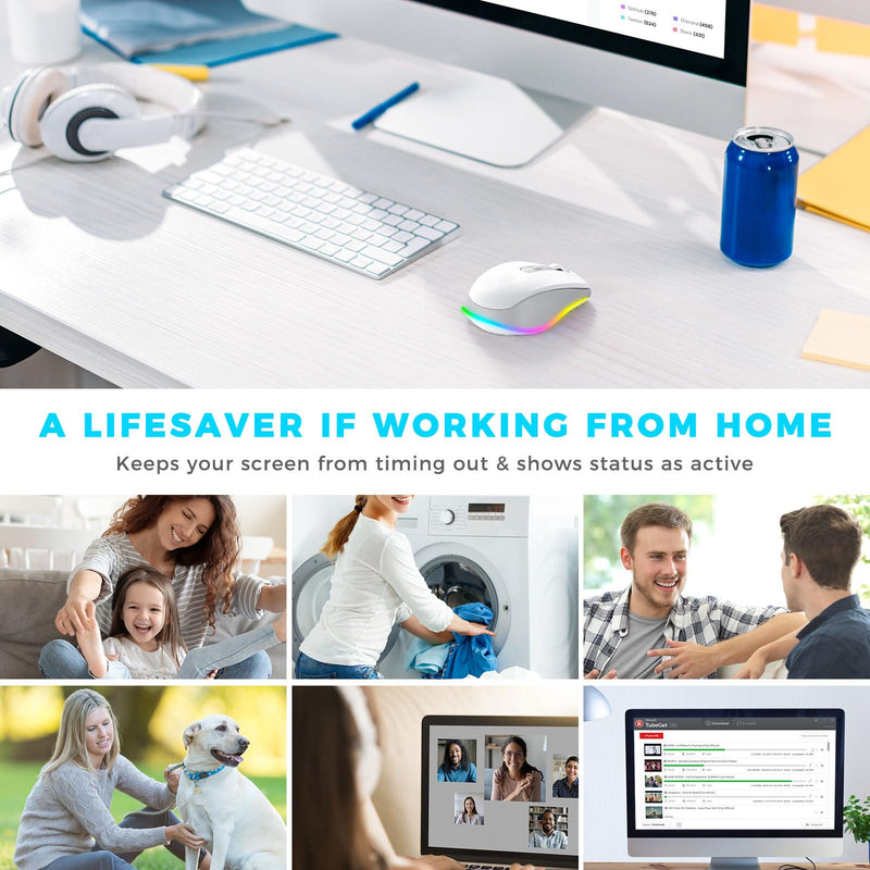 PEIOUS Wireless Mouse Jiggler - LED Wireless Mice with Build-in Mouse Mover, Rechargeable Moving Mouse for Laptop with Undetectable Random Movement Keeps Computers Awake - White & Grey