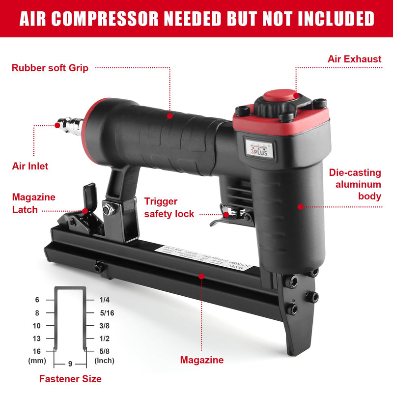 3PLUS H7116SP 22 Gauge 3/8-Inch Crown Pneumatic Upholstery Stapler for 71 Series Staples, 1/4-Inch to 5/8-Inch