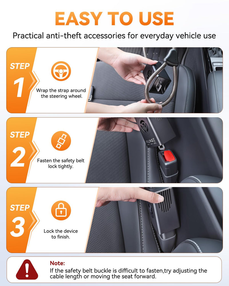 Remote Control Car Steering Wheel Lock with 120dB Alarm, Car Security Lock | Keyless Anti-Theft Device, Cable-Cut Alert, Vibration Sensor,USB-C Rechargeable, Universal Fit for Car SUV Truck Van