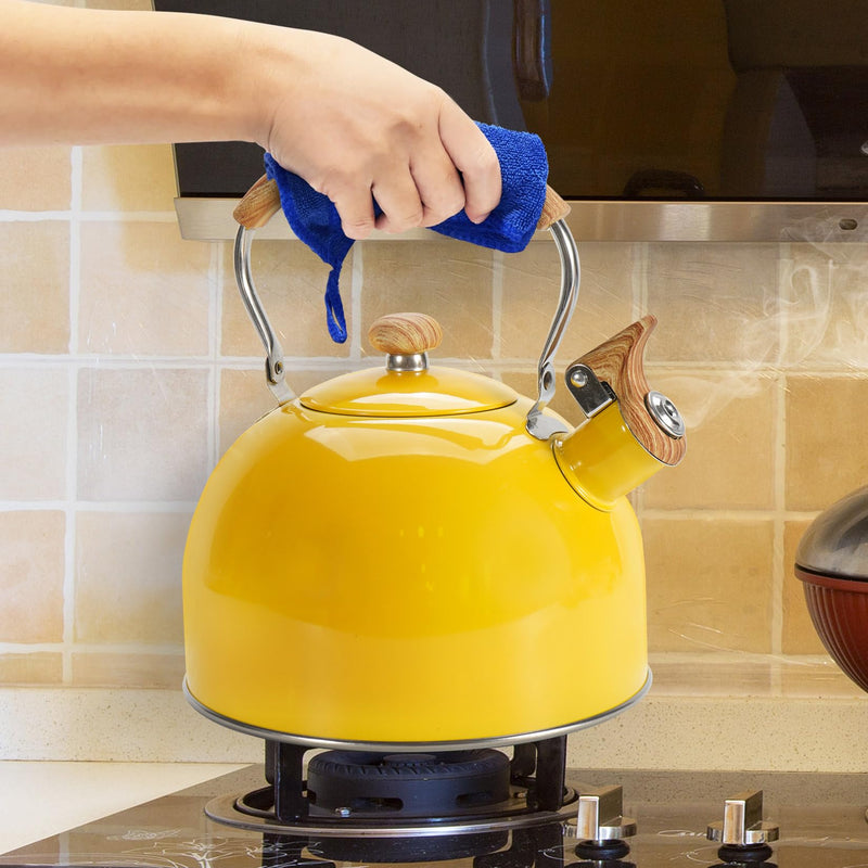 Tea Kettle,Whistling Tea Kettle Stovetop 2.6 Quart, Tea Pots for Stove Top Food Grade Stainless Steel,Wood Pattern Handle(Yellow),With Anti Scald Towel Yellow