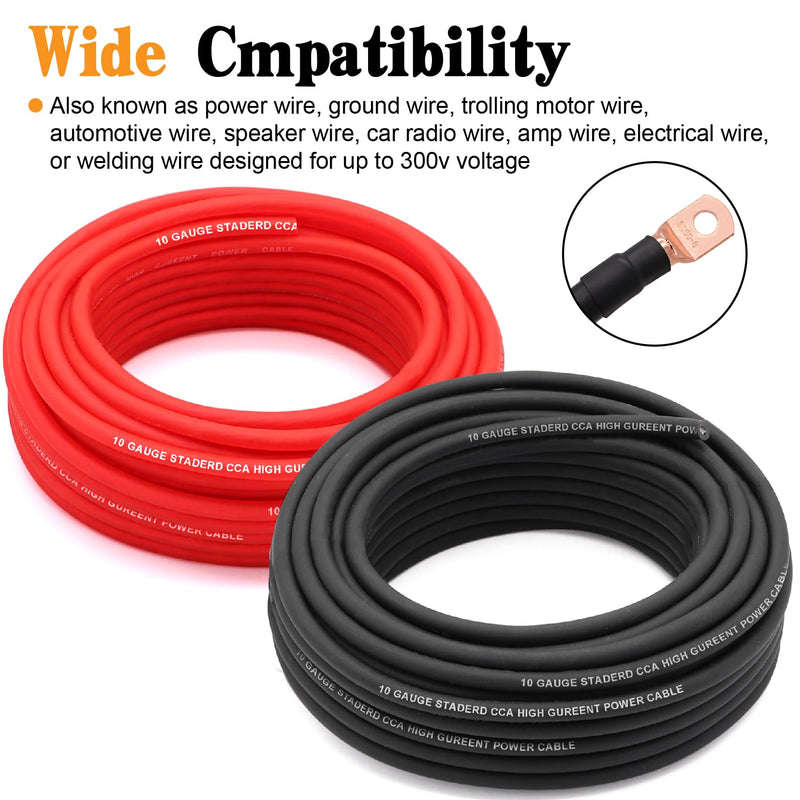 AWG 10 Gauge Wire Cable CCA (50ft Each-Black/Red) with Ring Fork Spade Splices,Heat Shrink Connectors,Fuse Holder and 40A Fuses for Power/Ground Cable,Car Audio Speaker AWG10 100FT-Red/Black