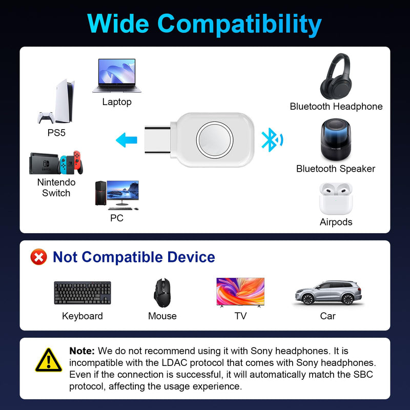 ZIOCOM USB-C Bluetooth Adapter for PS5, Bluetooth 5.3 Dongle with APTX Low Latency & aptX-Adaptive, Wireless Audio Transmitter for Headphones & Earbuds, Not for Keyboard/Mouse/TV(White) White