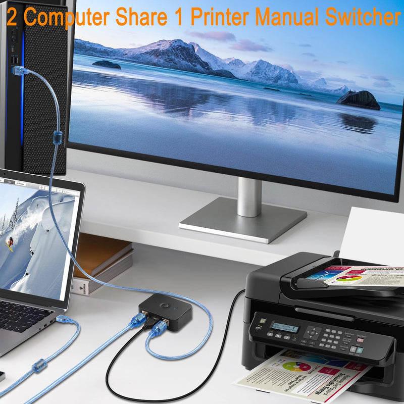 QIANRENON USB2.0 Printer Sharer Switcher 2 Port USB B Print Selector Switch Adapter, 2 Computer Share 1 Printer Manual Switcher, with LED Light, Including 2 * 1.5m Print Cable