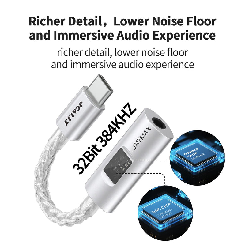 USB C DAC CX31993+SGM8262 HiFi 32bit/384kHz Audio Adapter | USB C to 3.5mm with Headphone Ampifier, Silver-Plated Copper CNC Aluminum Body IEM DAC Dongle for Android iPhone PC Mac