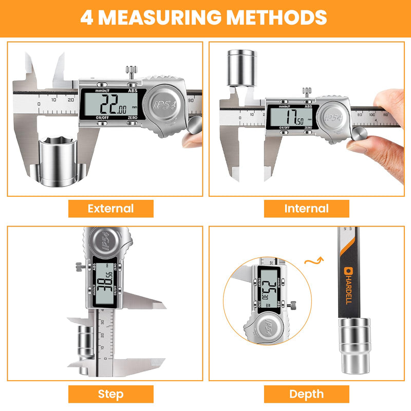 HARDELL Digital Caliper, IP54 Calipers with ABS Function, All-Metal Digital Micrometer Auto-Off, 6 Inch Micrometer Caliper Digital, Inch/MM/Fraction for 3D Printing & DIY (2 Spare Batteries)