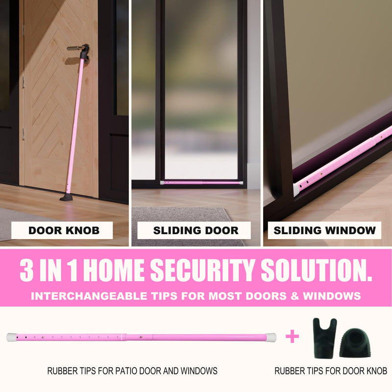 SECURITYMAN 3-in-1 Door Security Bar, Security Door Stoppers & Door Barricade – Heavy Duty Adjustable Iron Security Lock Bar for Home Defense, Apartment & Travel Safety (1 Pack - Pink) 1 Pack
