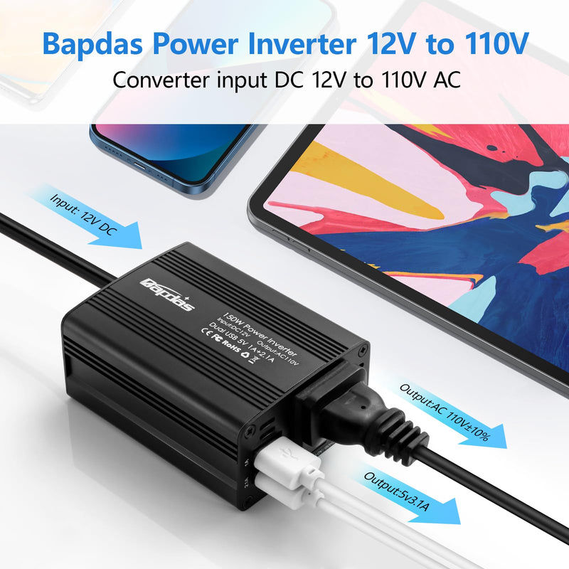 150W Car Power Inverter DC 12V to 110V AC Car Adapter for Plug Outlet with 3.1A Dual USB Car Charger for Laptop Computer-Black Version 1.0