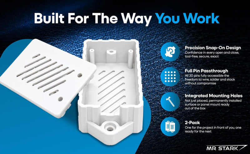 Premium ESP32 Computer Case, 2-Pack, Inject Molded, Passthrough (White) | Ventilation Slots, Mounting Ears, Snap-On Lid, PC-ABS Material, Fits ESP-WROOM-32 30-Pin