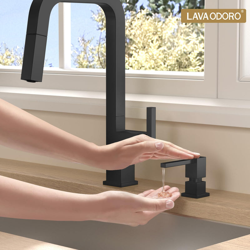 Lava Odoro Soap Dispenser for Kitchen Sink, Black Sink Soap Dispenser Pump, Modern Square Built in Kitchen Sink Countertop Pump Dispenser with 18oz Refillable Bottle, Spot-Free KSD182-MB Matte Black