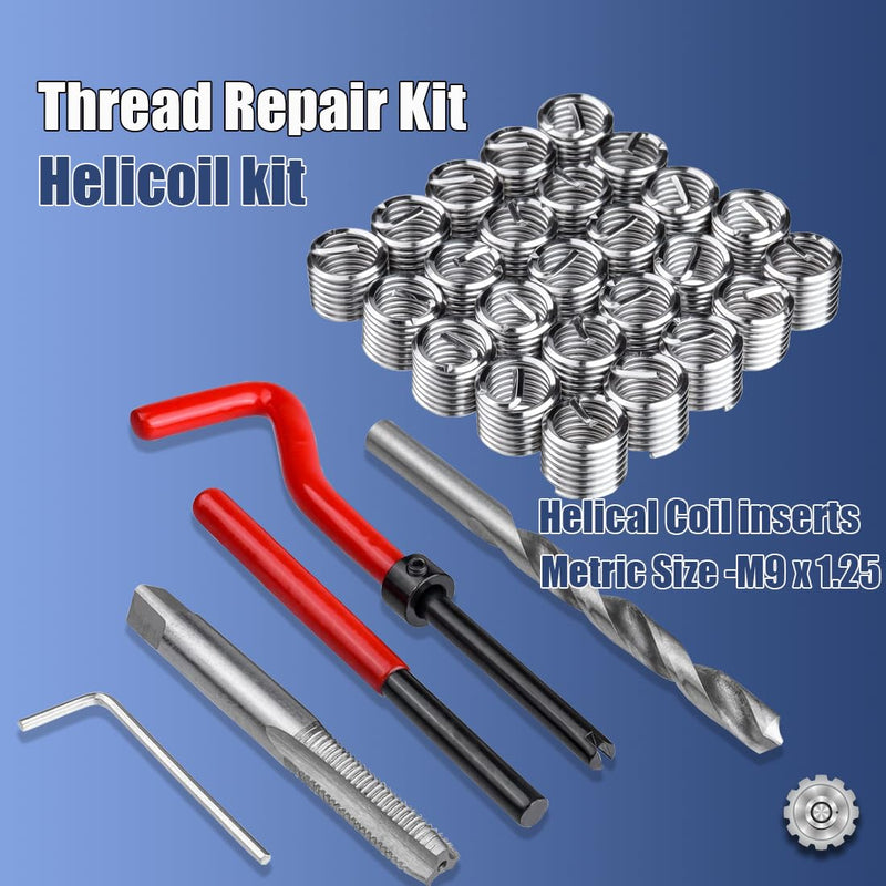 Thread Repair Kit M9x1.25mm Helicoil Restoring Thread Repair Tools Wire Insert Kit for Helicoil Type Internal Screw Holes Repairing (M9 x 1.25) M9 x 1.25
