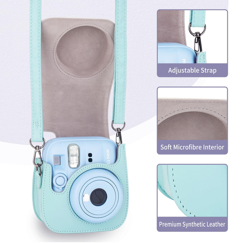Phetium Mini 13 Camera Case for Fujifilm Instax Mini 13 12 Camera-Green | Mini Camera Protective Case,PU Leather Bag,Photo Storage Pocket,Adjustable Shoulder Strap,Magnetic Flip Lagoon Green