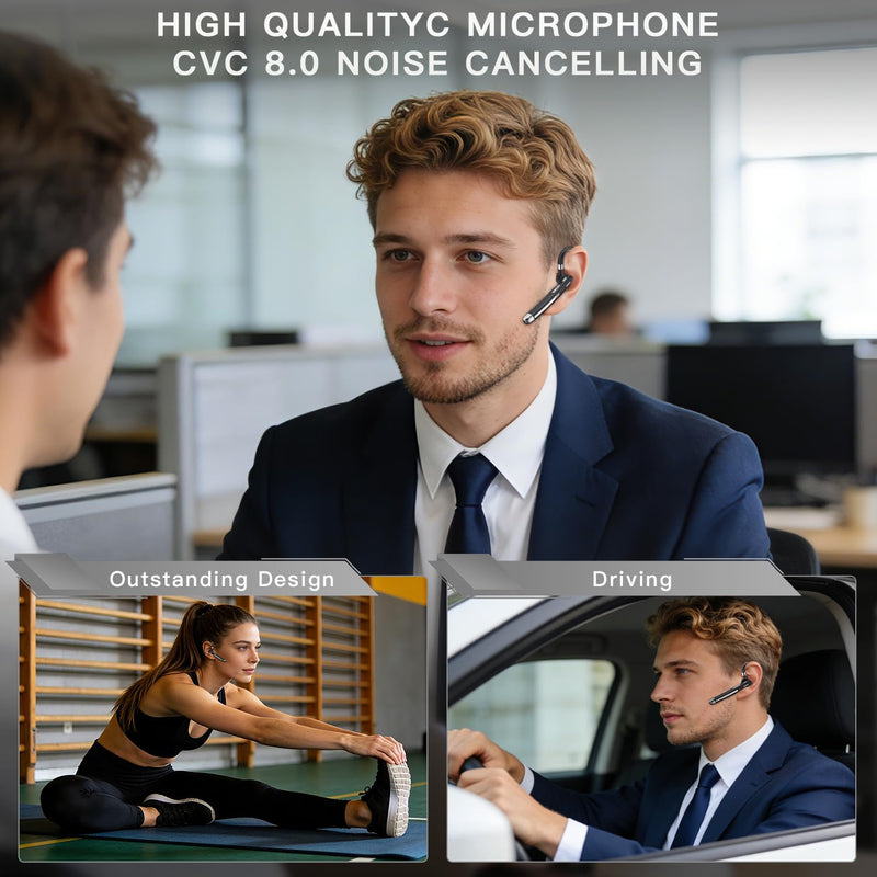 Boytond Bluetooth Earpiece V5.4,Wireless Headset with Mic for Work | 100H Playtime,500mAh Charging Case,CVC8.0 Noise Canceling,Dual Connect&Mute Button Headphone for Trucker,Driver,Office,Work Graphite Black & Silver