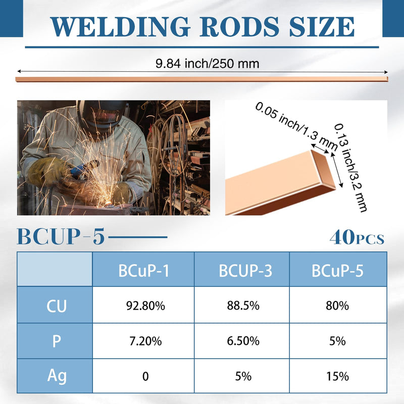 Tandefio 40 Sticks Brazing Rods AWS BCup-5 15% Silver Solder Phos Copper Brazing Alloys Flat Welding Rods Industry 0.050"x1/8"x10" for Air Conditioning Refrigerator Cold Storage HVAC Units BCup-5, 15% Silver
