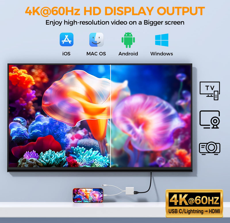 USB-C and Lightning to HDMI Adapter, 4K 60Hz, MFi, 100W Charging | Digital AV Adapter for iPhone and iPad to TV, Projector, or Monitor with Stable 4K Screen Sync and Charging Support