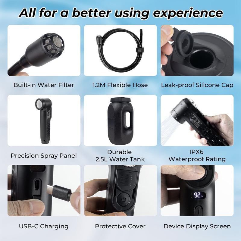 Portable Bidet for Travel, 1600mAh Electric Handheld Bidet with 2.5L Tank Black