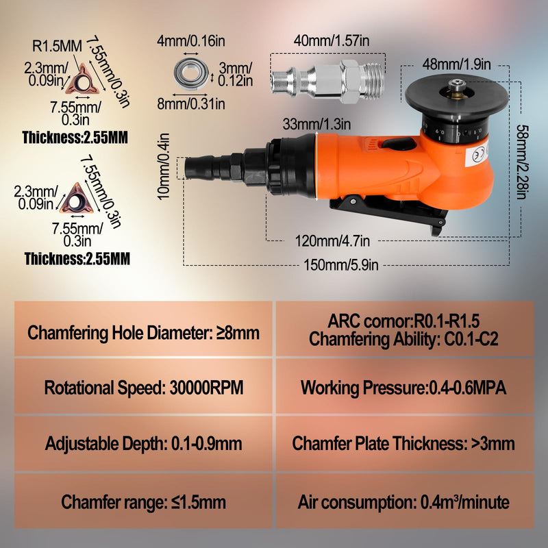 2 in 1 Mini Pneumatic Chamfering Machine, 45° Arc Corner Beveling Trimming Deburring Machine 30000RPM Handheld Chamfering Air Chamfer Tool with 1/4 Inch Air Inlet (C&R Angle Blades,Orange) C&R Angle Blades Orange