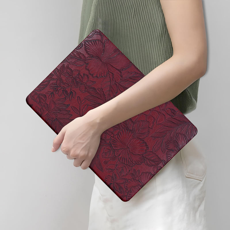 Floral Logo Cutout Case for MacBook Neo 13 inch 2026 A3404 A18 Pro Chip | Elegant Textured Mac Neo Case Retro PU Leather Hard Shell Case for MacBook Neo 2026 Case & Keyboard Cover, Deep Burgundy # Embossed Floral Burgundy