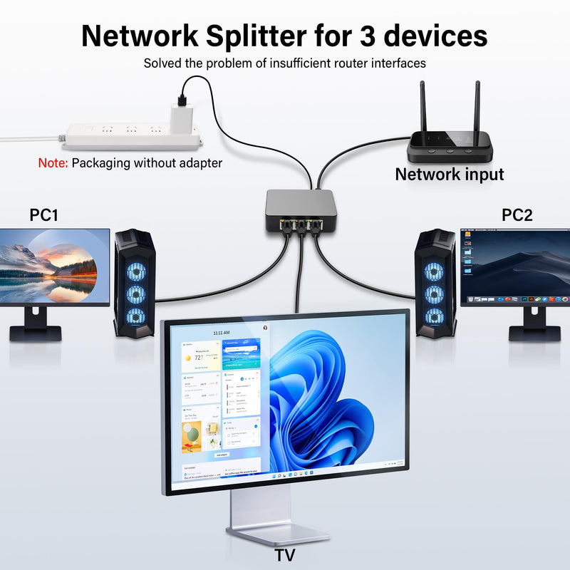 GINTOOYUN RJ45 Ethernet Splitter 1 to 3 Out 1000Mbps High Speed Gigabit Switch Network Splitter Internet Distributor with USB Power Cable for Cat5/5e/6/7/8 Cables (3 Computers at The Same Time)