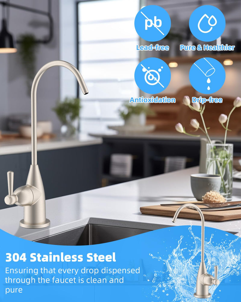 Hibbent Drinking Water Faucet for Bar and Kitchen Sink, Stainless Steel Reverse Osmosis RO Faucet for Under-Sink Filtration System, Brushed Nickel Finish