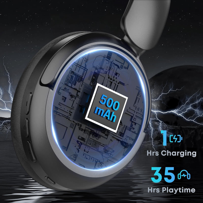 Bluetooth Headphones, Hybrid Active Noise Cancelling Over Ear Headphones | 35H Playtime, HiFi Stereo Foldable wireless Headphones with Foam Ear Cups for Sports, Office, Travel Solid black