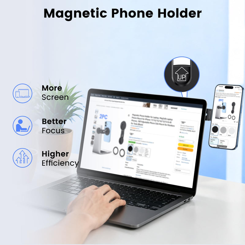 Magnetic 2PC Phone Holder for Laptop, MagSafe Laptop Phone Mount for iPhone 17/16/15/14/13/12 & All Phones, 180°Adjustable Phone Side Mount for Monitors for Tesla 3/Y Black pro Standard