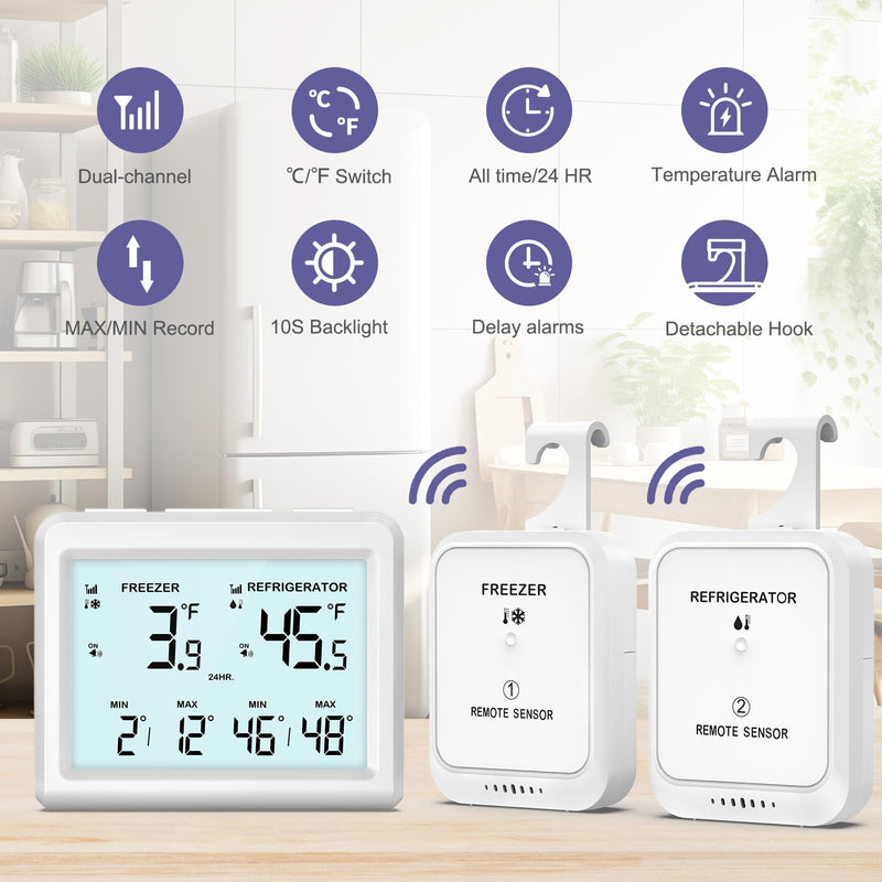 Digital Refrigerator Thermometer - 3.7 inch LCD Backlight Freezer Thermometer with 2 Sensors, Digital Fridge and Freezer Thermometer with Alarm, Max/Min Records, for Homes Restaurants Cellars Regular Screen