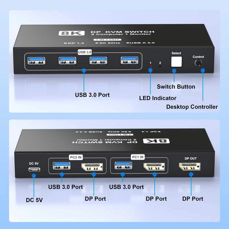8K@60Hz DisplayPort KVM Switch 1 Monitors 2 Computers, USB KVM Switches with 4 USB 3.0 Ports Sharing Keyboard Mouse Printer, Display Port Switch 2 in 1 Out, Monitors Switcher for 2 Computers