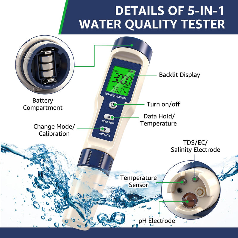 Pool Salt Tester & PH Meter - 5-in-1 Digital TDS Meter for Salinity PH Temp and EC, 0.01 High Accuracy, Swimming Pool, Hydroponics, Aquarium, Hot Tub, PPM Meter for Pool, Drinking Water, Wine