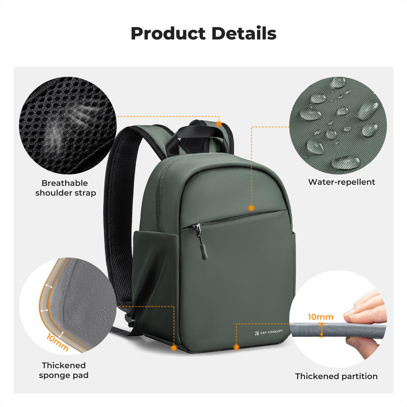 K&F CONCEPT Camera Backpack, Lightweight Compact Camera Bag 5L | Water-Resistant, Dividers, 9.7in Tablet Compartment, Quick Access, Street & Urban, Men & Women, for Canon/Nikon/Sony, Green Green-02 Backpack-5L