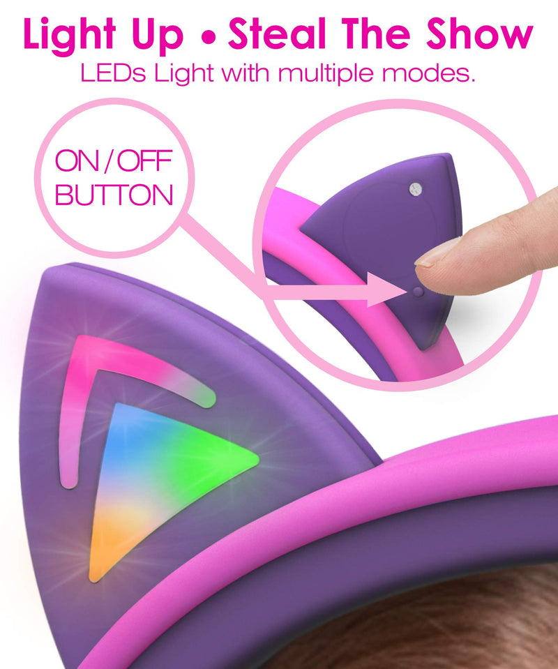 FosPower Kids Headphones with LED Cat Ears (Safe Volume Limit 85 dB), 3.5mm On-Ear Wired Headphones with Laced Tangle-Free Cables for Boys/Girls/School/Travel - Hot Pink/Purple Hot Pink / Purple