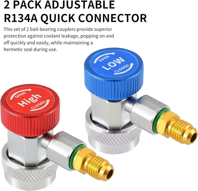R134a Quick Coupler Adapter, Adjustable R134a Adapters and AC Hose Fittings, HP and LP Connectors for R134a Car AC System Evacuation Recharging and More, 1/4" Flares,2 Set