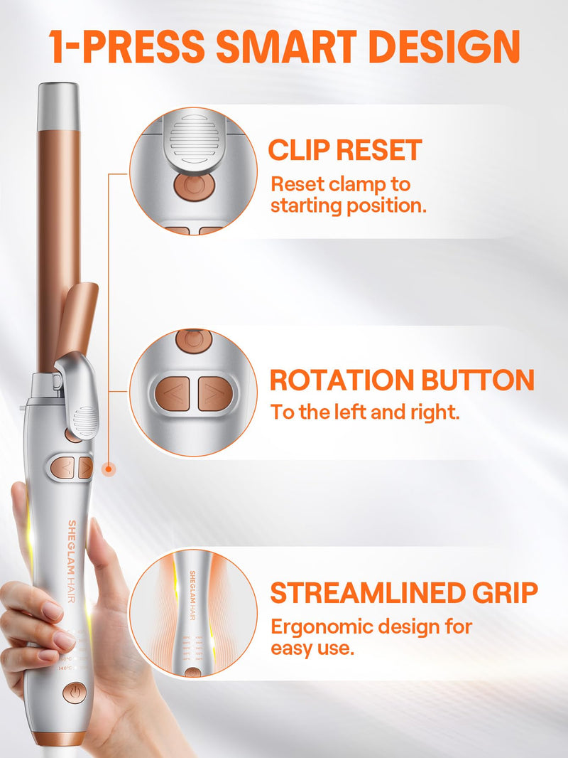 SHEGLAM Rotating Curling Iron, Curl Cycle, 25mm Automatic Curling Wand for Long Hair, Get Effortless Beach Waves with Self Spinning Barrel up to 220°C with Home Button, Dual Voltage