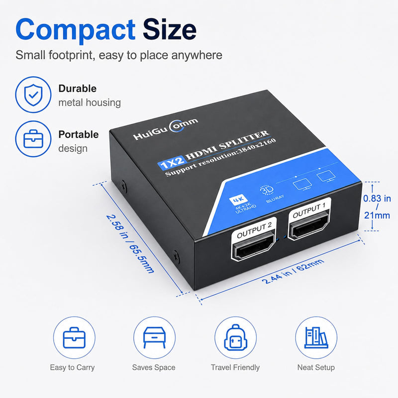 HDMI Splitter 1 in 2 Out, 4K 30Hz Powered 1x2 for Dual Monitors | Supports 1080P 60Hz, Mirrors One HDMI Source to Two Displays; for Laptop, PC, TV, Projector and HDTV, Not Extended Mode 4K30Hz