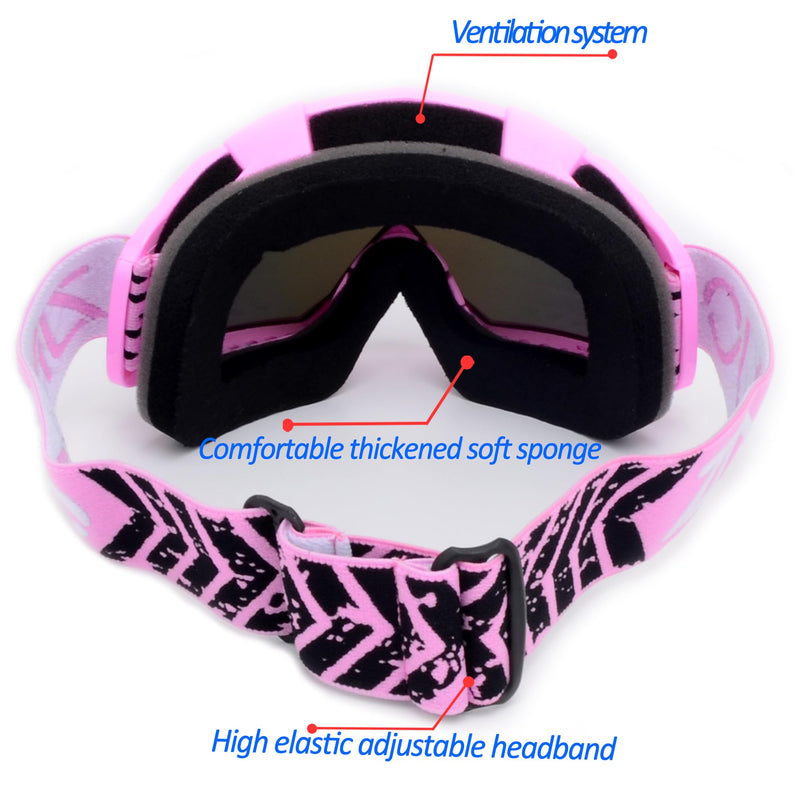 Dirt Bike Goggles ATV Goggles Motocross Off Road Goggles Motorcycle Riding Racing MX UTV Goggles Windproof Dustproof Scratch Resistant Anti UV Goggle for Adults Men Women and Youth Pink Frame+color Lens